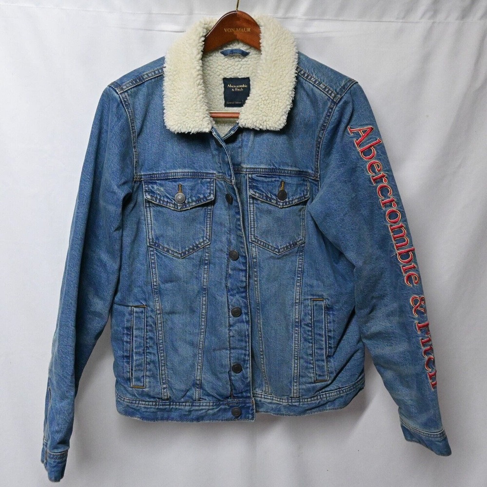 A&F Abercrombie & Fitch Denim Jacket Mens Medium Sherpa‎ Lined Spellout - Picture 2 of 5